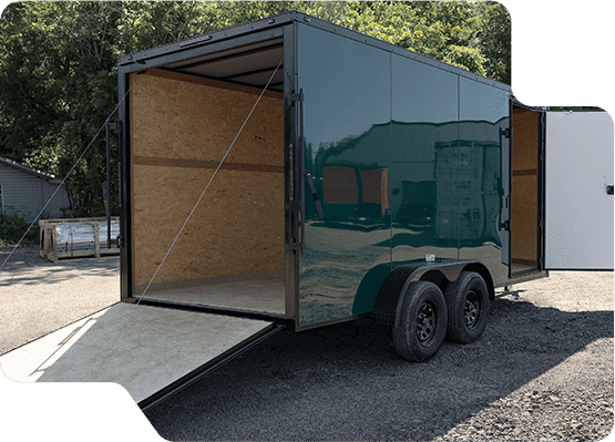sawyer cargo trailer with green paint job showing it's double open doors