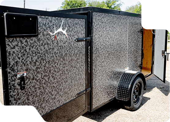 sawyer cargo trailer with textured paint job, doors open